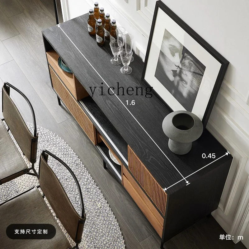 

retro color matching teak solid wood side cabinet wabi-sabi black oak tea cupboard