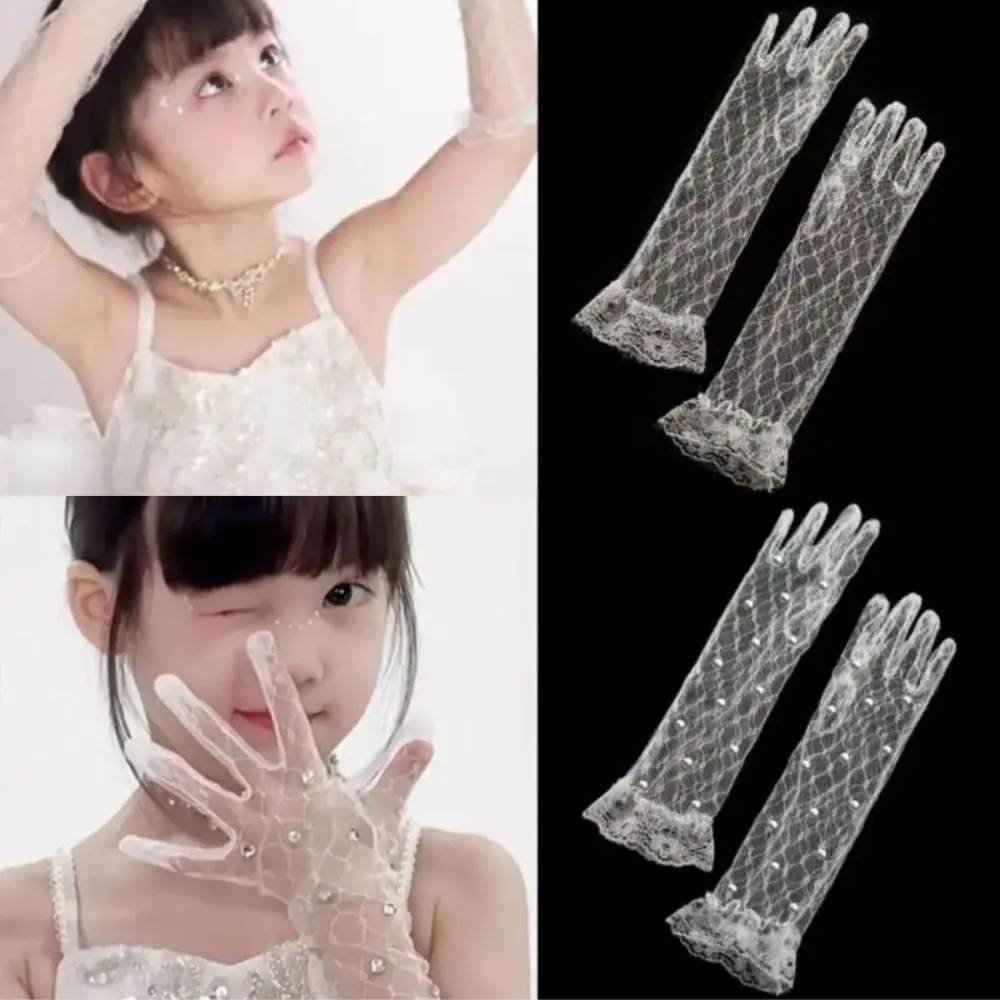 

2Pairs White Children's Lace Gloves Five Fingers Bright Rhinestone Princess Gloves 28cm Mesh Flower Girls Mittens