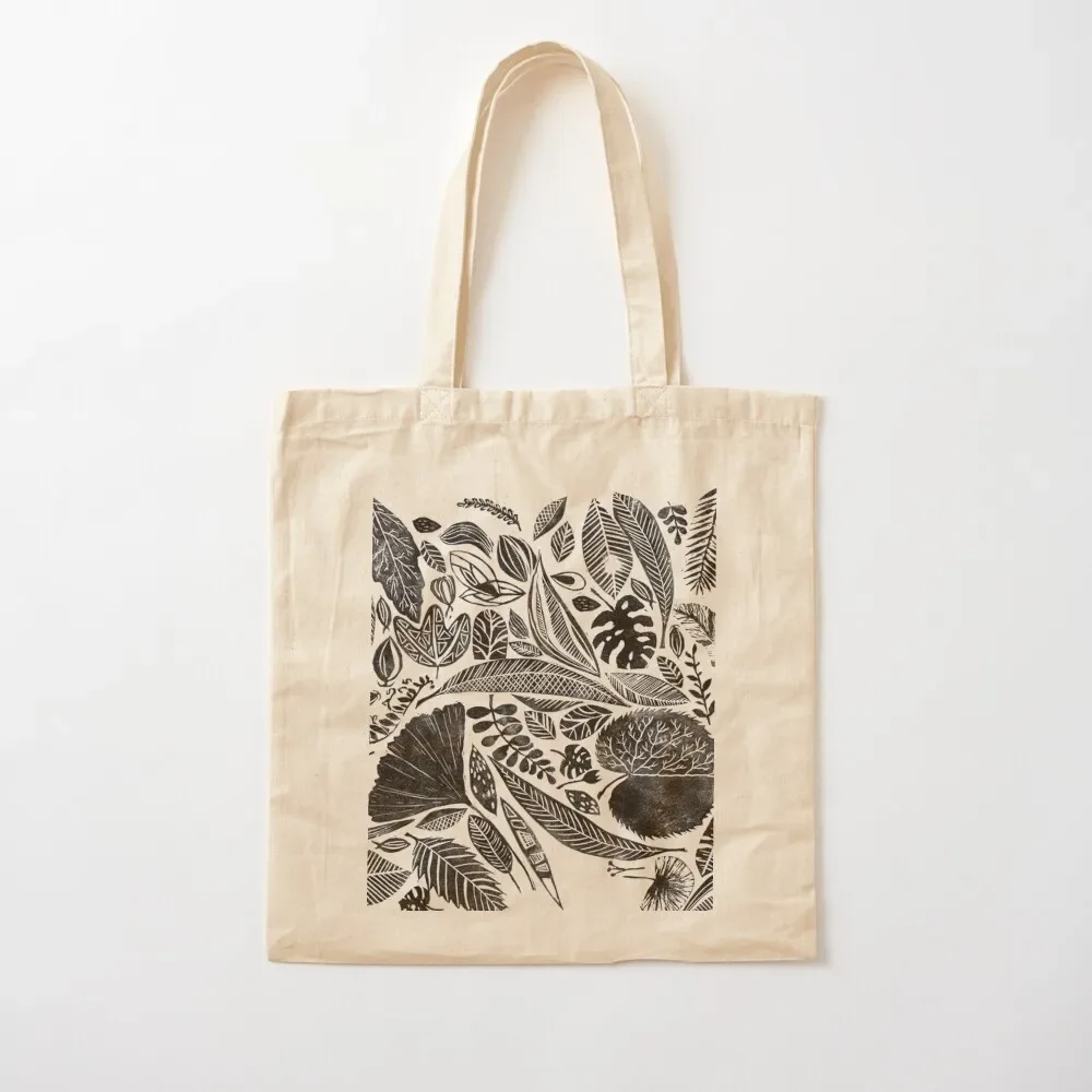 

Mixed leaves, Lino cut printed nature inspired hand printed pattern Tote Bag large tote bag Lady bags shopping trolley bag