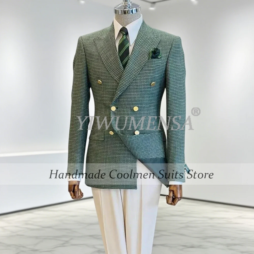 

British Style Houndstooth Suits Men Double Breasted Blazer Customized 2-Piece Sets Man Business Occasion Party Groom Tuxedo 2026
