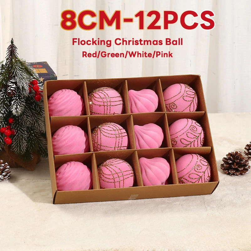 

Flocking Christmas Ball for Tree 8cm 12pcs Special-shaped Painted Christmas Spheres Pendant Party New Year Decoration Supplies