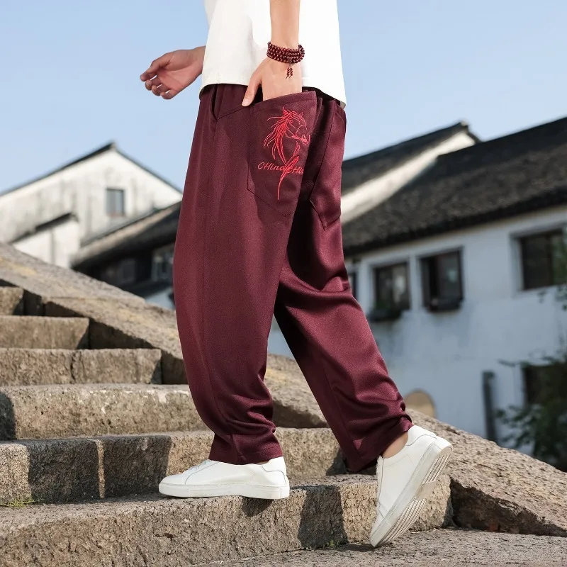 Men's Wine Red Horse Head Embroidery Casual Pants, Summer New Style Ice Silk Wide Leg Harem Pants (Chinese Size)