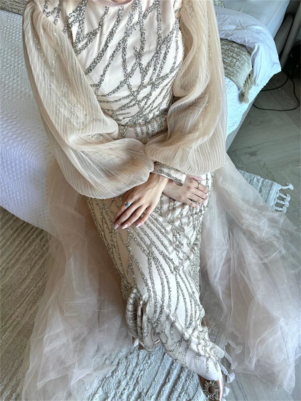 Sansa Luxury Puffy Sleeve فساتين سهره فاخره 2023 Gliiter Sequins Mermaid فساتين السهرة Luxury Handmade Prom Dresses With Tail