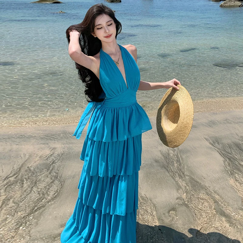 Sexy Pure Desire Blauw V-Ne Strapl Svel Dr Dames Taille Cinching Afslanken Bal Tie ing Cake Lange Dr