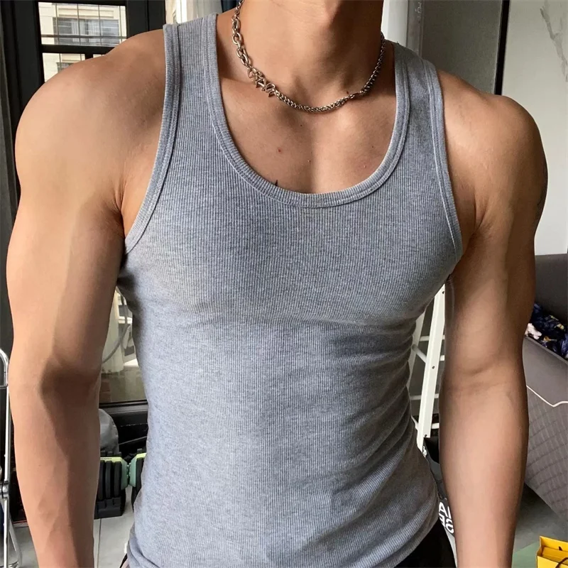 Vintage Stretch Slim Round Neck Tank Top Sleeveless T-Shirt Bottom Shirt Sports Sweat Absorbent Tough Fitness Men