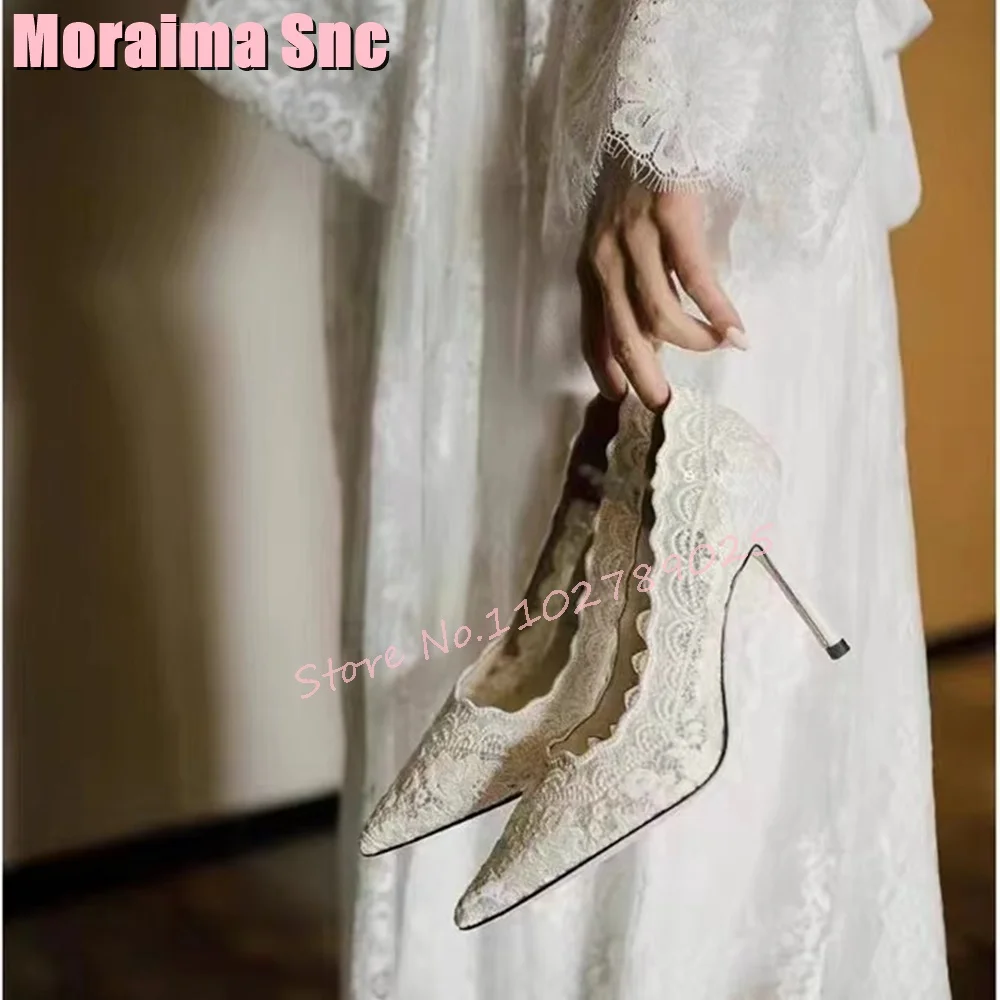 Sexy Embroidery Pointed Toe Shallow Pumps Stiletto High Heels Slip On Elegant New Women Wedding Shoes Summer White Solid Fashion