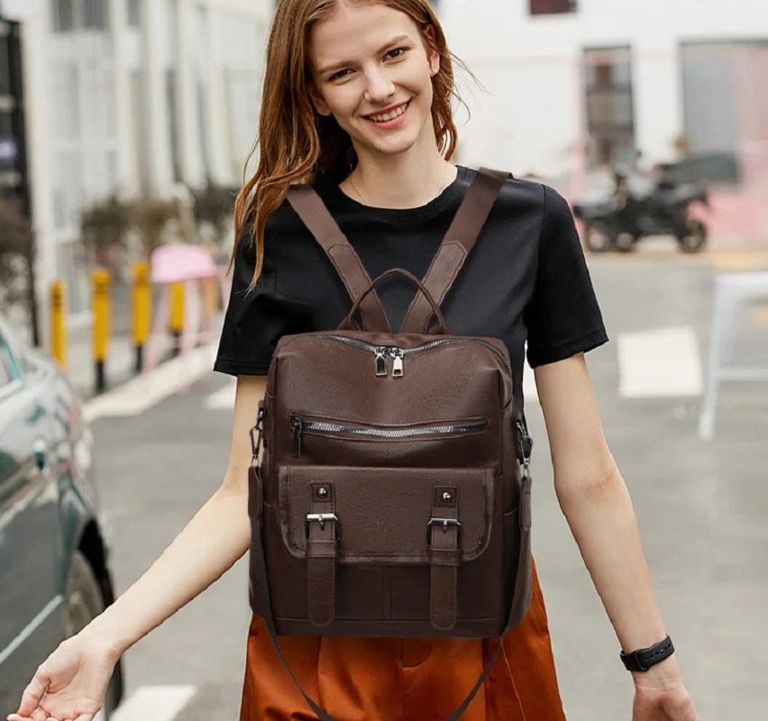 New Fashion Vintage High Quality Leather Double Zipper Shoulder Bags Women's Large Capacity Travel Backpacks Motorcycle Backpack