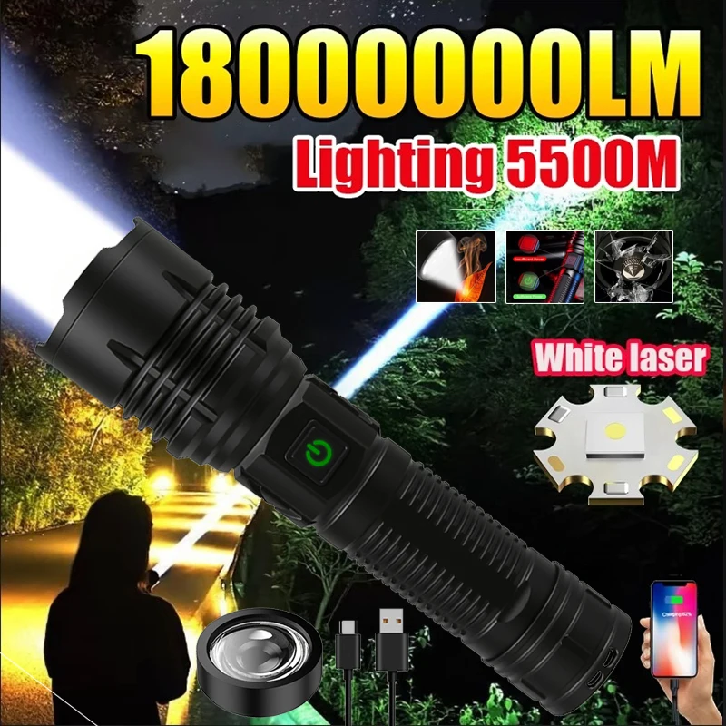 

100000LM LED Flashlight Strong Light Focused Light Source Can Light a Flame USB Rechargeable Zoom Torch Waterproof Flashlamp