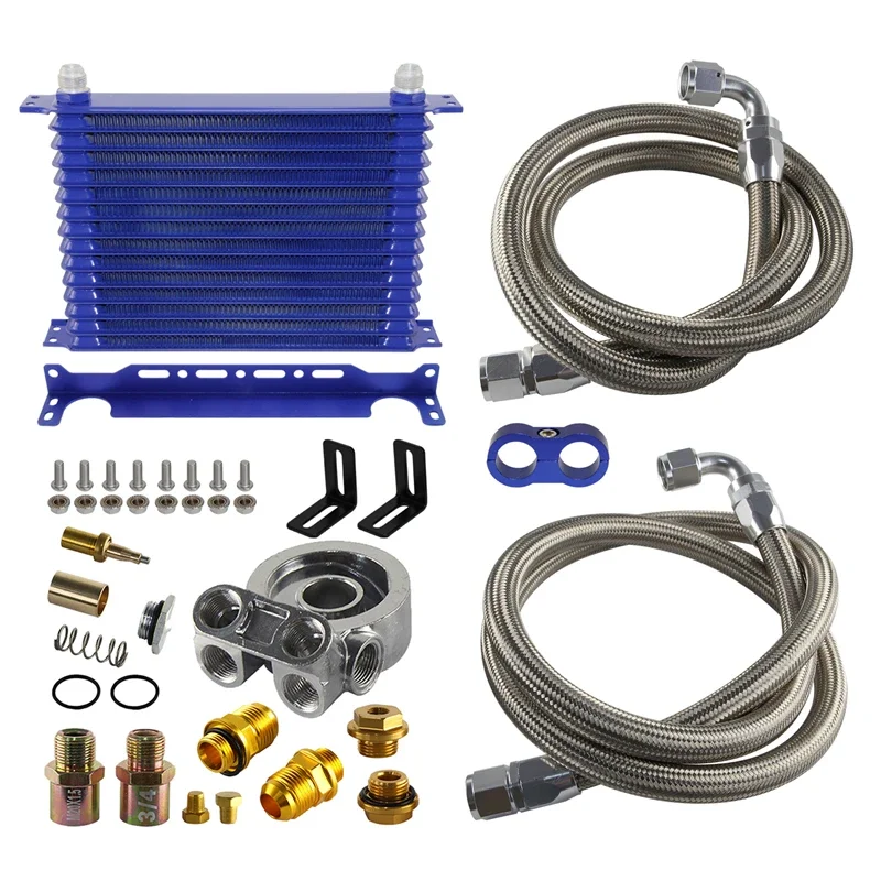 

Racing Trust Oil Cooler 15 Row Engine Thermostat Adapter hose Kit For Japan Car/Truck Blue/ Black