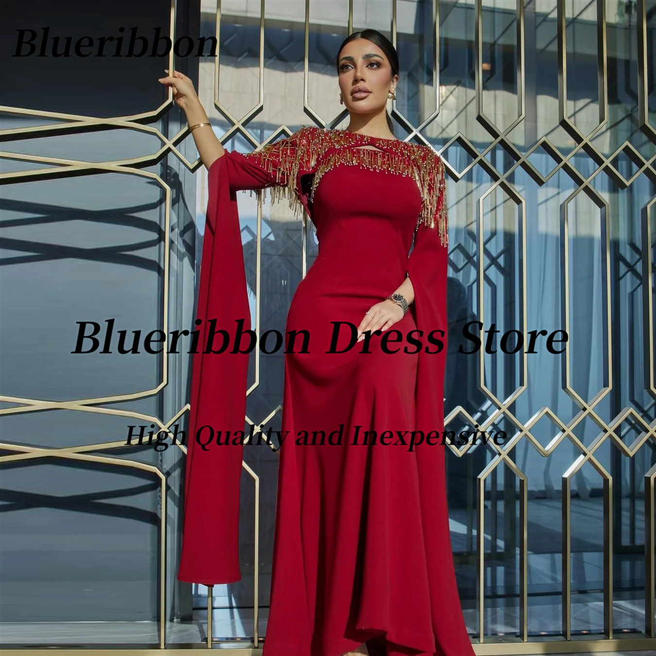 

Blueribbon Saudi Arabia Evening Party Dresses Strapless Long Prom Dress with Beading Long Sleeves Wraps Formal Occasion Gowns