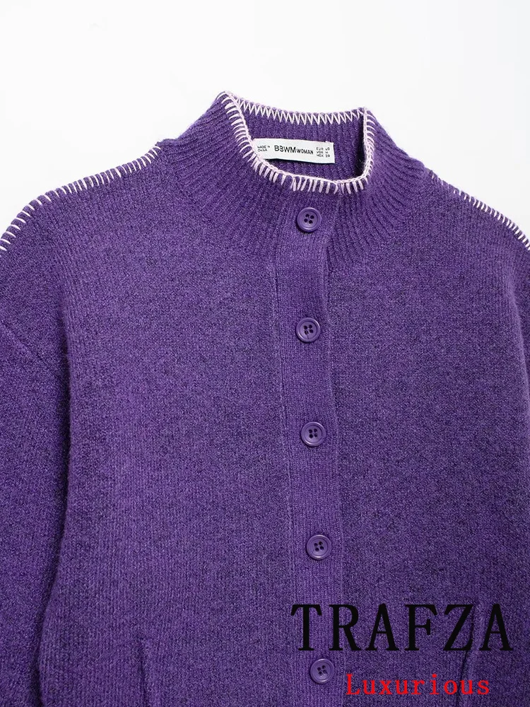 TRAFZA Vintage Casual Chic sweter damski fioletowy jednolity, stójka jednorzędowy, dzianinowy sweter moda 2024 jesienno-zimowy sweter