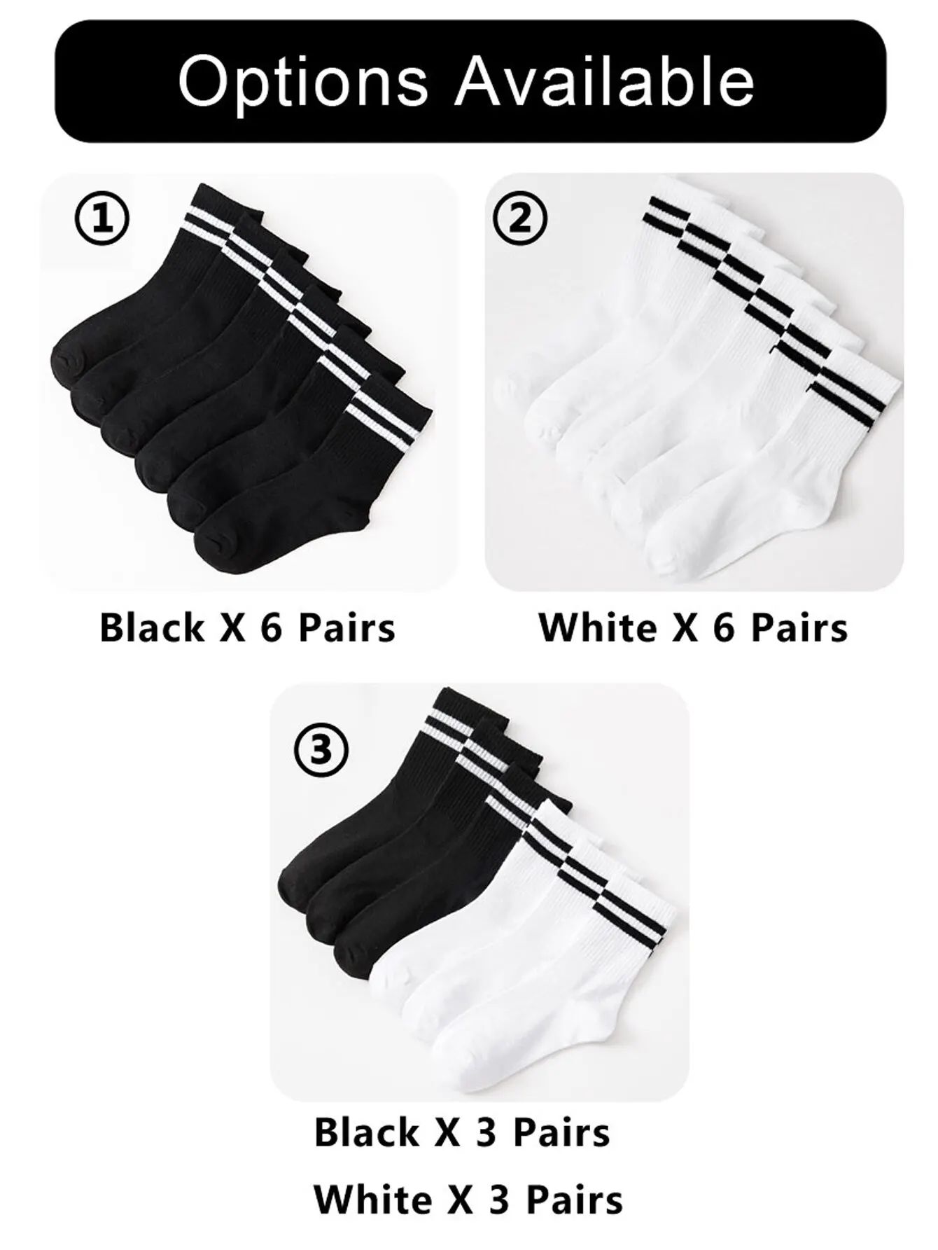 6 pares de medias de tubo alto para hombre en blanco y negro sólido con barras paralelas populares y absorción de sudor