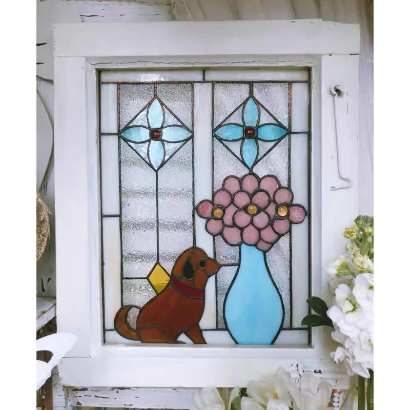 

Handcrafted Stained Glass Window Panel, Vintage Rose Design with Pink Flowers, Decorative Hanging Art for Home,Garden,12-16 Inch