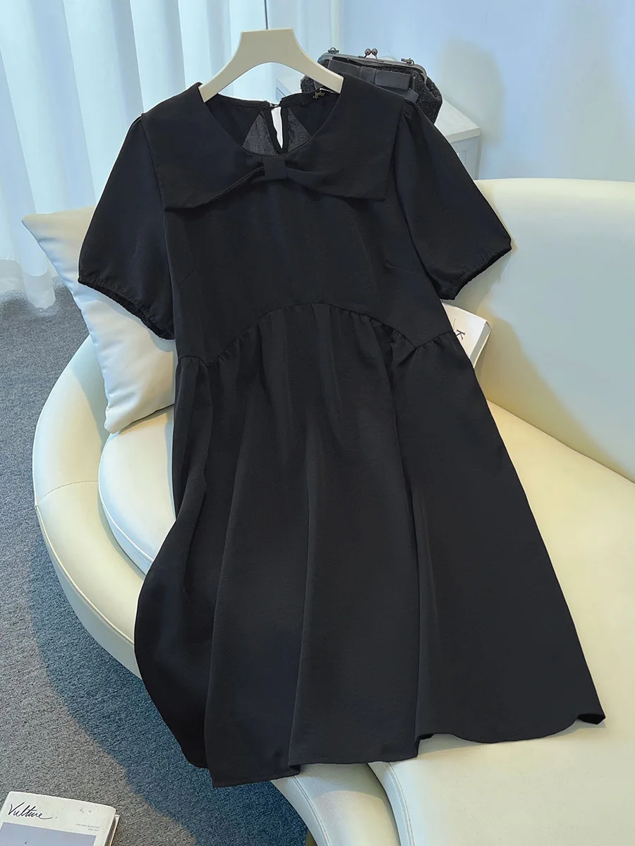 150Kg Plus Size Women\'s Bust 150 Summer Loose Bow Short-Sleeved Doll Collar A-Line Dress Black Rose-Red 5XL 6XL 7XL 8XL 9XL