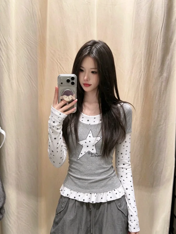 Slim Fit Star Grey Long Sleeve T-Shirt Women's Autumn Base Layer Shirt Fake Two-Piece Design Casual Style round Neck Top