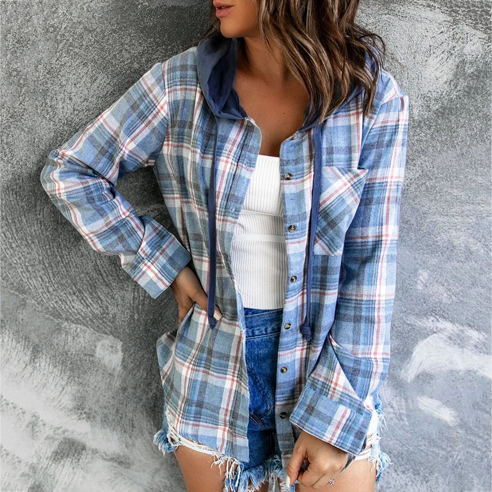 Women Long Sleeve Plaid Shirts Blue Button Down Pocket Blouse Tops Retro Casual Drawstring Hooded Shirt Camisas