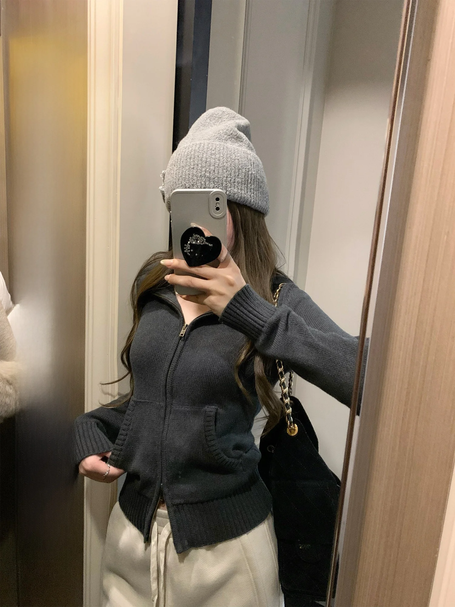 

Hhi Lazy вязаная толстовка с капюшоном, кардиган, женский осенний утягивающий элитный повседневный топ, винтажный длинный свеч, застежка-молния