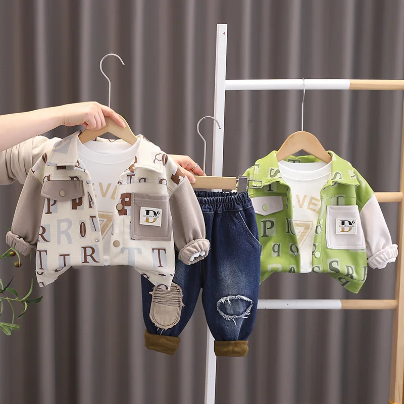 Baby Spring Kids Boys Suit 2024 Korean Letter Turn-down Collar Jackets + T-shirts + Pants for 12 To 18 Months Boy Clothing Sets image 4