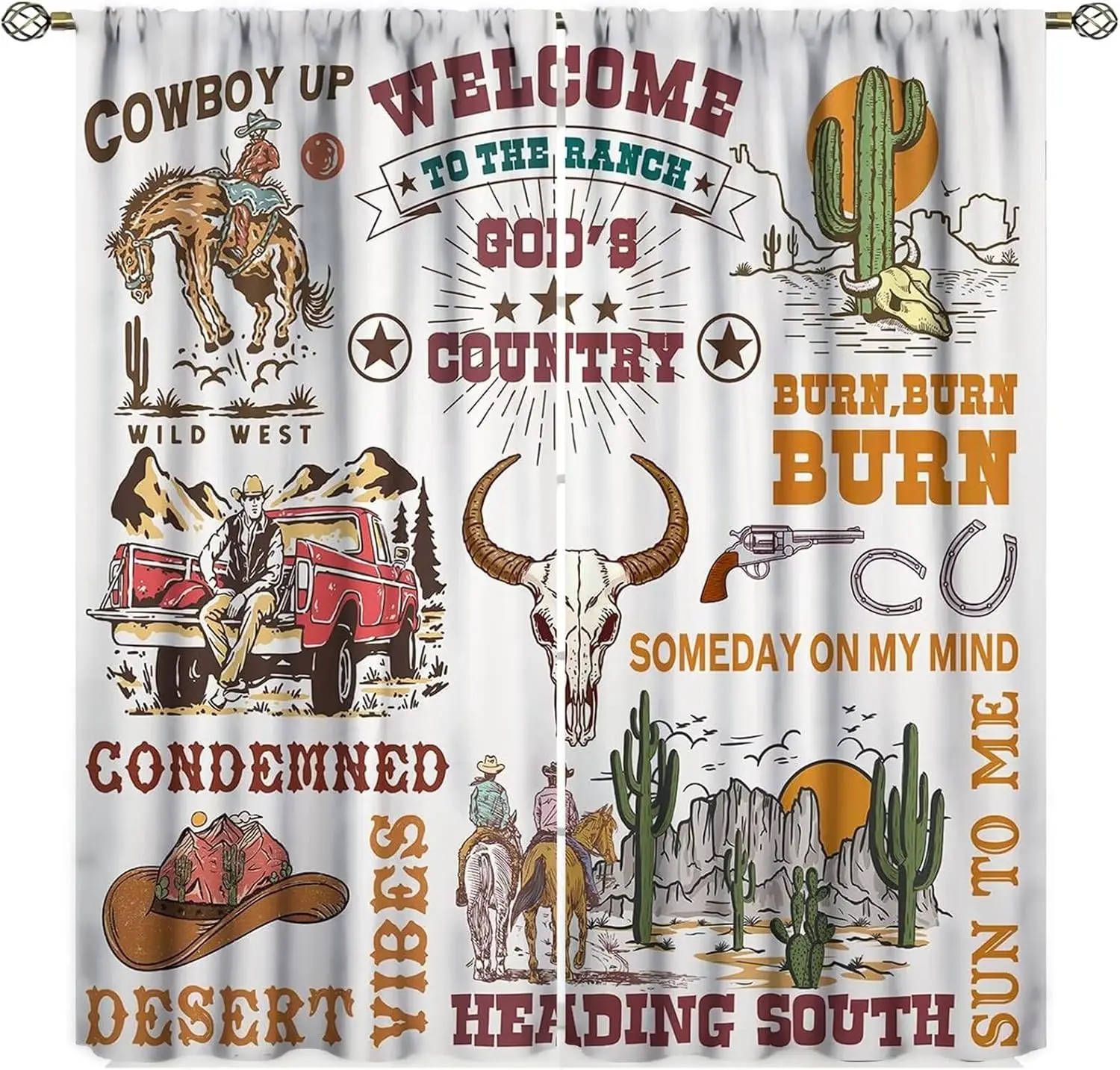 Vintage West Cowboy Window Curtains, Country Wild West Cowboy Ride Horse and Desert Cactus Rod Pocket Window Treatments for