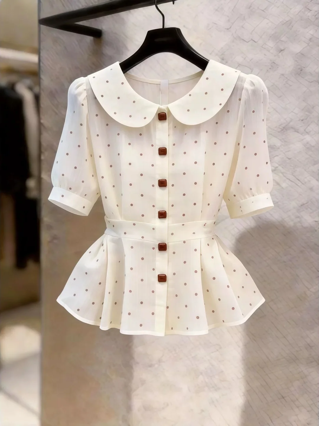 

Sweet Style Polka Dot Short Sleeve Shirt Doll Collar Waist Cinched Gentle Fashionable Summer New Arrival Korean Style Straigh...