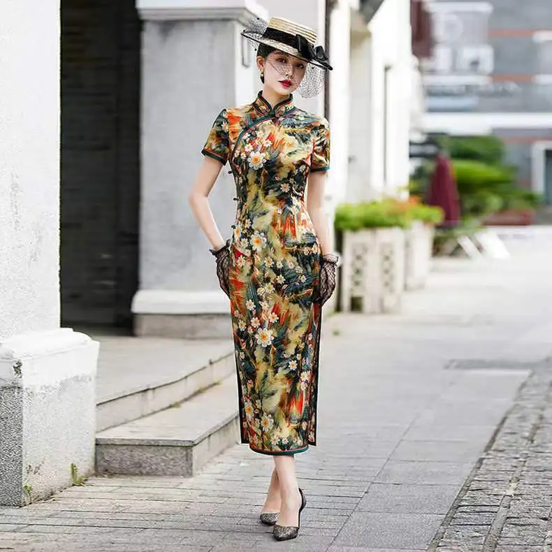 High Quality Improved Real Silk Cheongsam Qipao 2024 New Summer Short Sleeve Chinese Retro Style Gown