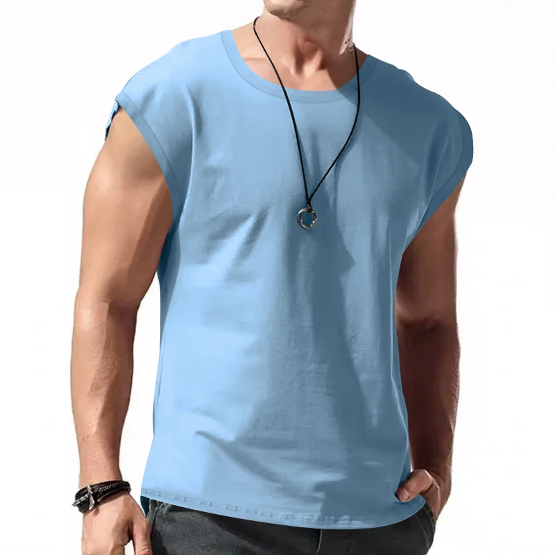 Amazon cross-border men's summer new sleeveless T-shirt youth casual loose solid color thin waistcoat T-shirt men's top