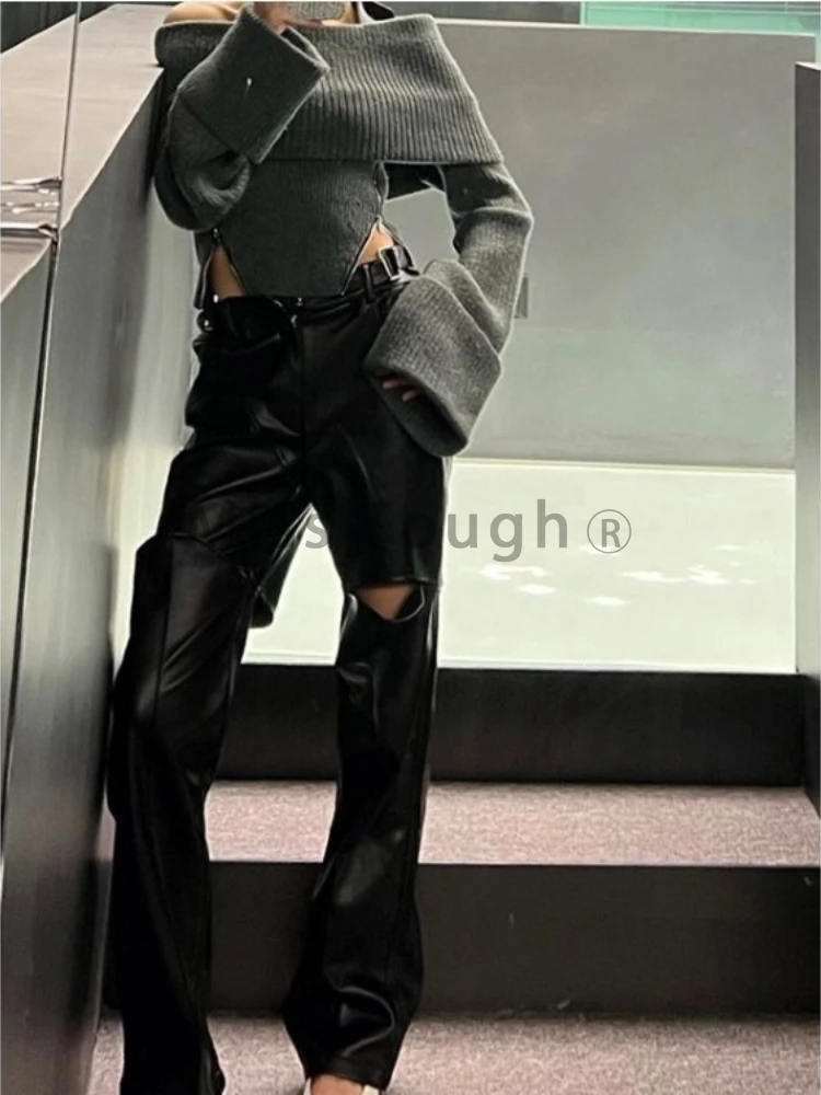 Winter Y2k Elegant Knitted Pullovers Women Slash Neck Vintage Sexy Chic Sweaters Female Korean Fashion Slim Zipper Tops 2023 New