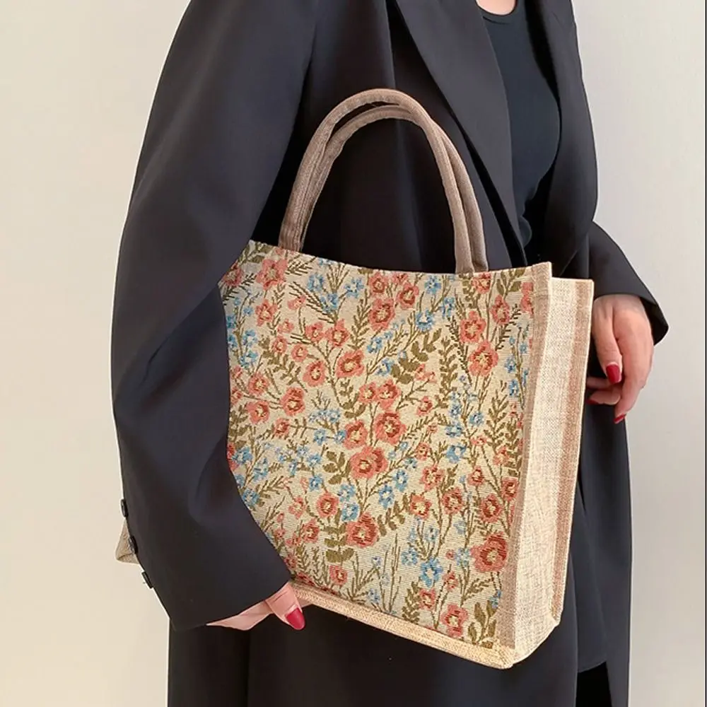 Women Flower Pattern Flax Tote Bag Larger Capacity Outdoor Handbag Casual Lunch Bag Mummy Bag