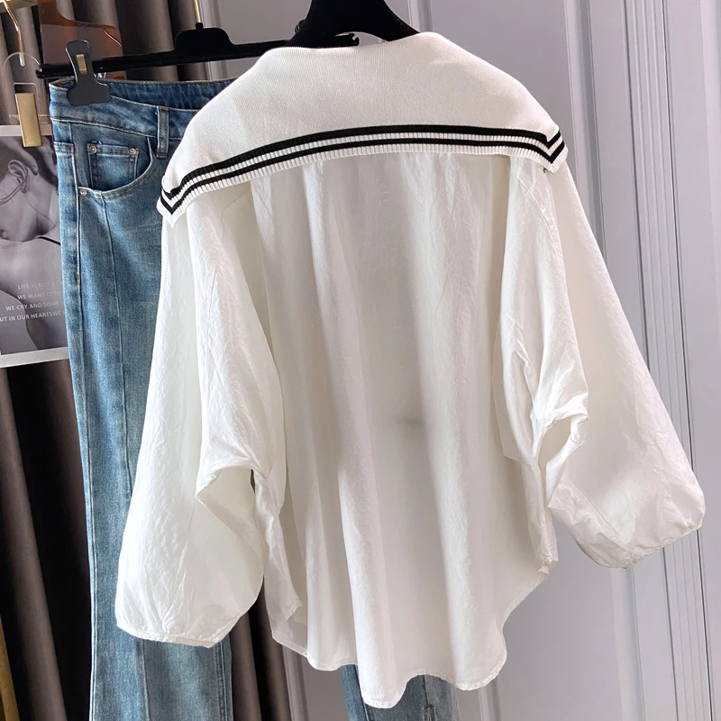 Spring 2024 Summer Preppy Style Women\'s Shirts Loose Plus Size Sailor Collar Lady White Color Tops Long Sleeve Female Blouse K96