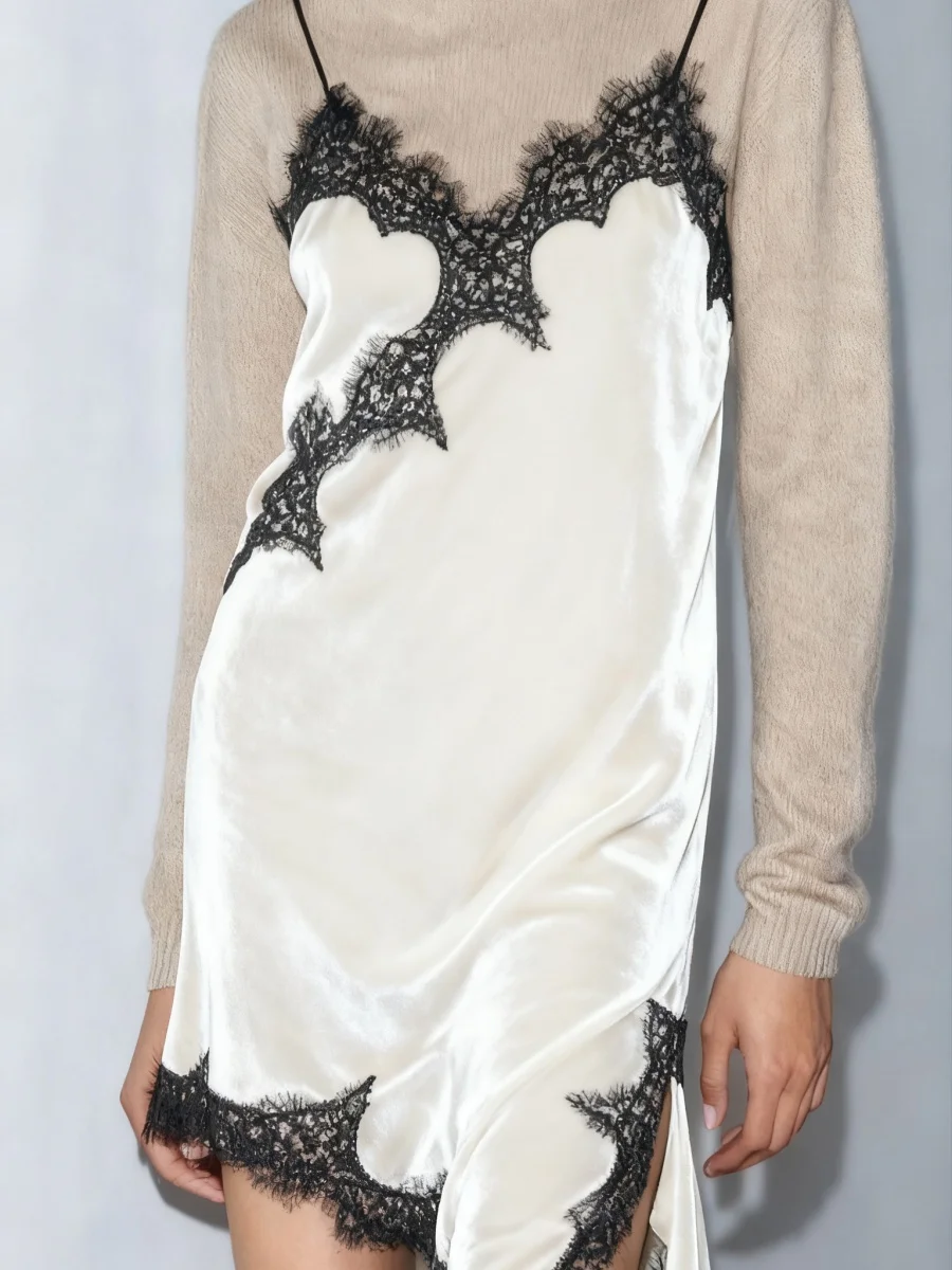 Women Chic Velvet Lace Camisole Sleeveless Backless Spaghetti Strap Lace Trim Tank Top Asymmetrical Flowy Cami Top Velour Dress