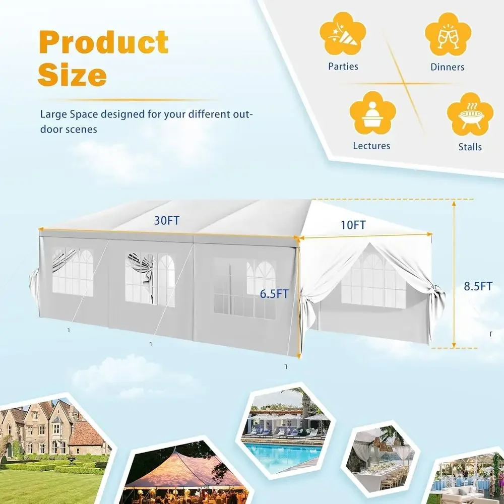 10x30ft Waterproof Wedding Tent with Removable Sidewalls for Outdoor Events (White)