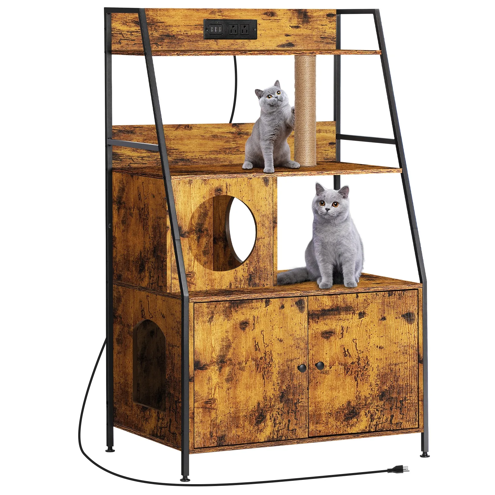 Cat Litter Box Enclosure with 2 Storage Shelves Enclosure Furniture with Charging Station,Cat Washroom with Cat Tree Tower