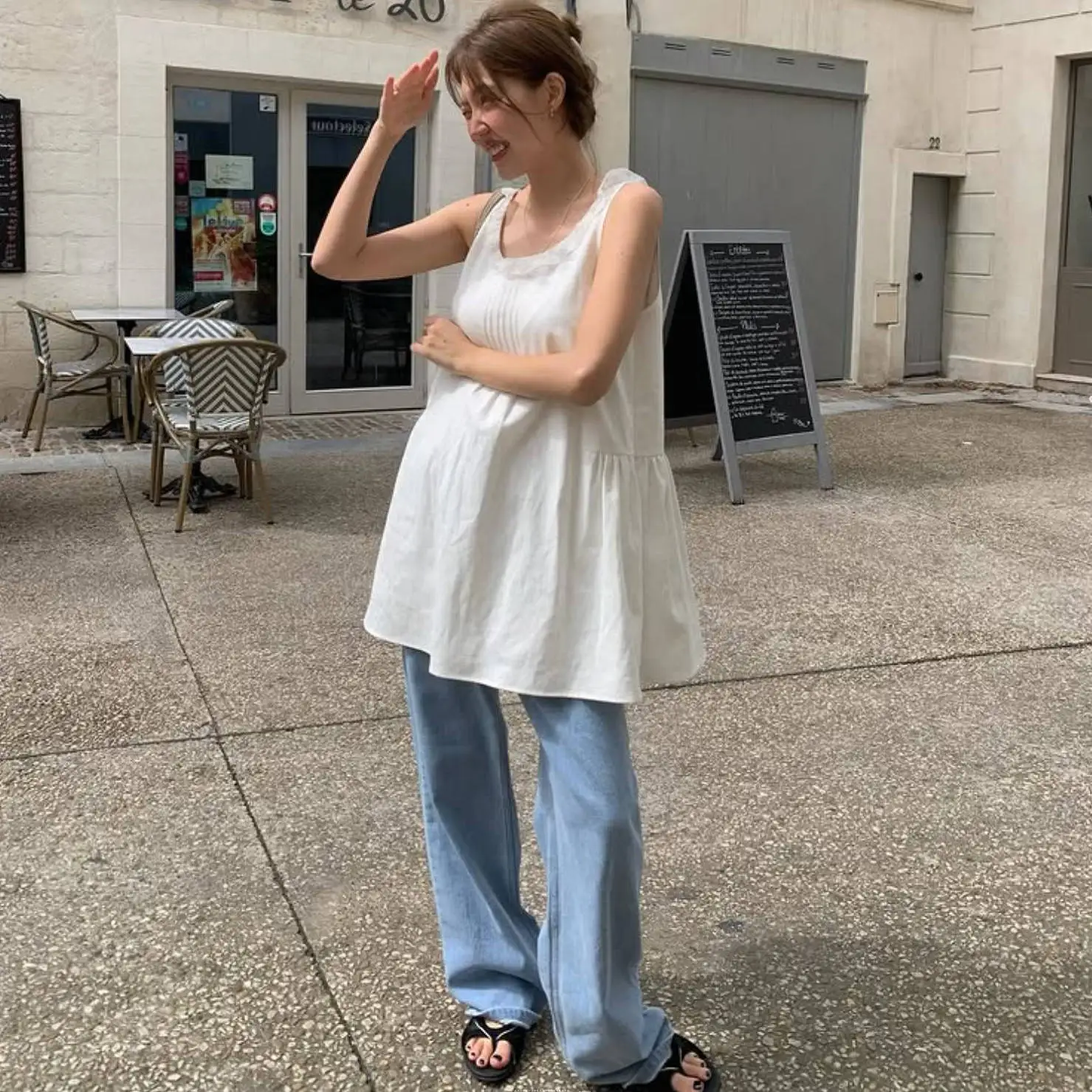 Dulce Color puro redondo Ne chaleco Dr Dongda puerta Tannat Retro pequeño ence Ele Sle Casual algodón verano Dr