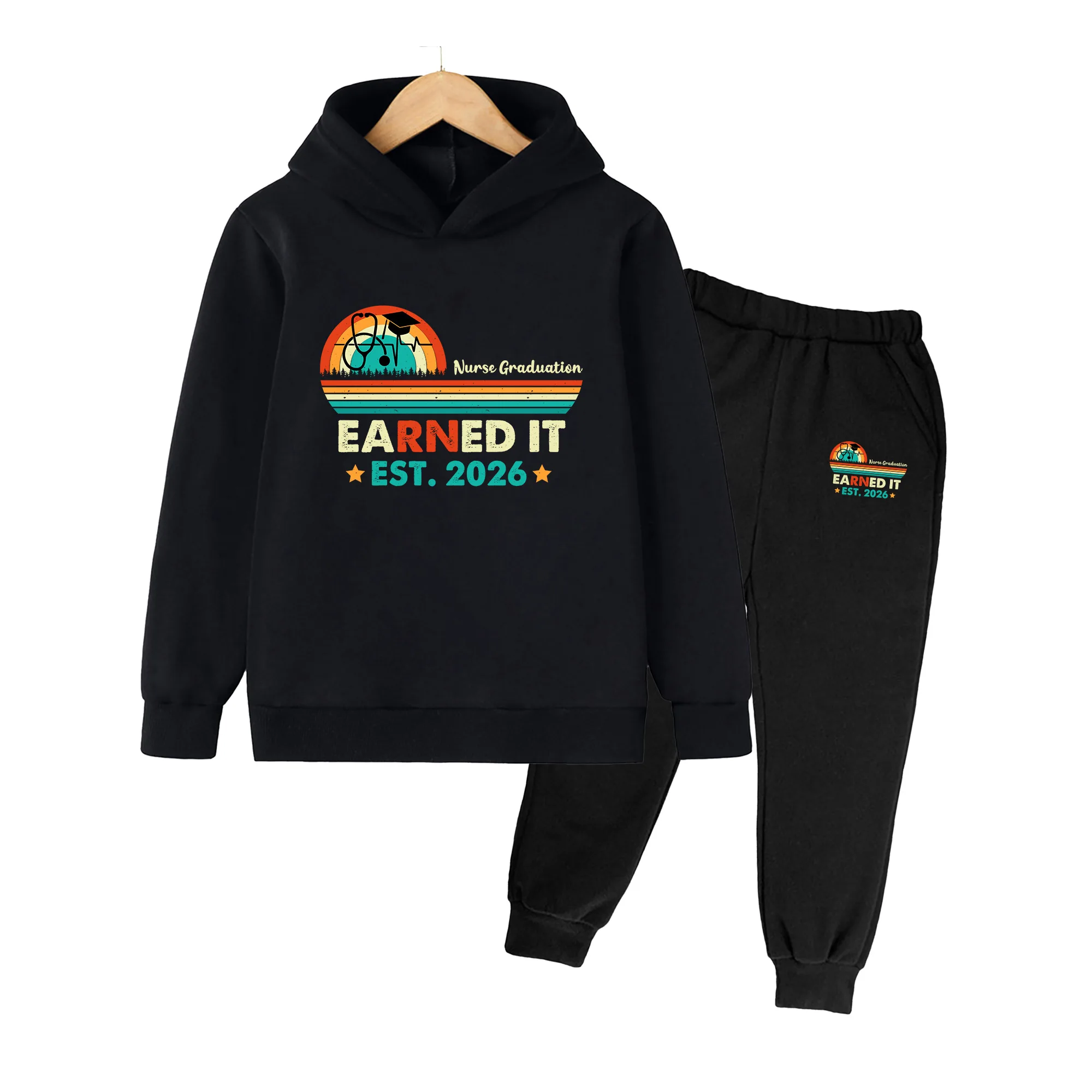 Kids Nurse Graduation Print Hoodie & Sweatpants Set, Vintage Style 2026 Earned It Outfit for Boys Girls School & Casual Wear
