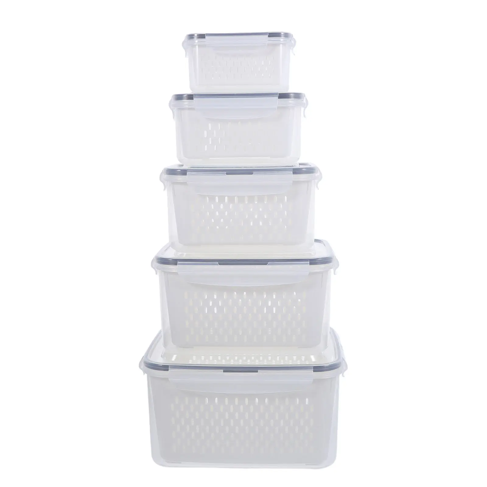 5Pcs Stackable Leakproof Fridge Fresh Food Containers with Silicone Seal Lid Removable Drain Basket for Salad Fruit Vegetables