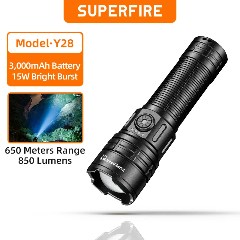 

SUPERFIRE Y28 LED Flashlight Portable Zoom Torch Super Bright With Battery display Type-C Rechargeable for Camping Fishing Light