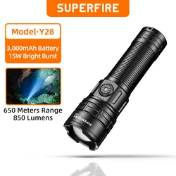 SUPERFIRE Y28 LED Flashlight Portable Zoom Torch Super Bright With Battery display Type-C Rechargeable for Camping Fishing Light