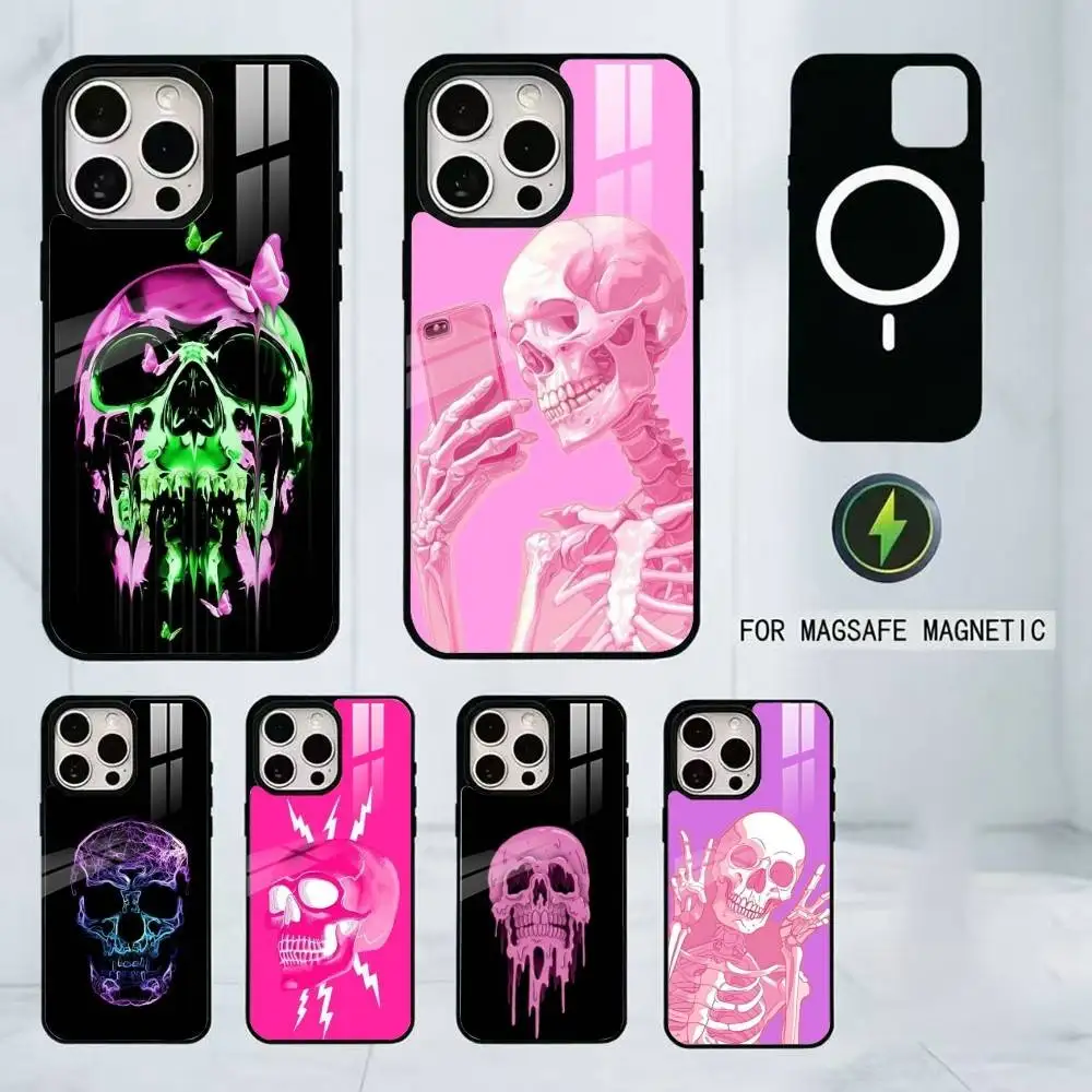 

Luxury Pink Green Skull Phone Case For iPhone17,16,15,14,13,12,11 Plus,Pro Magnetic with Magsafe Wireless Charging