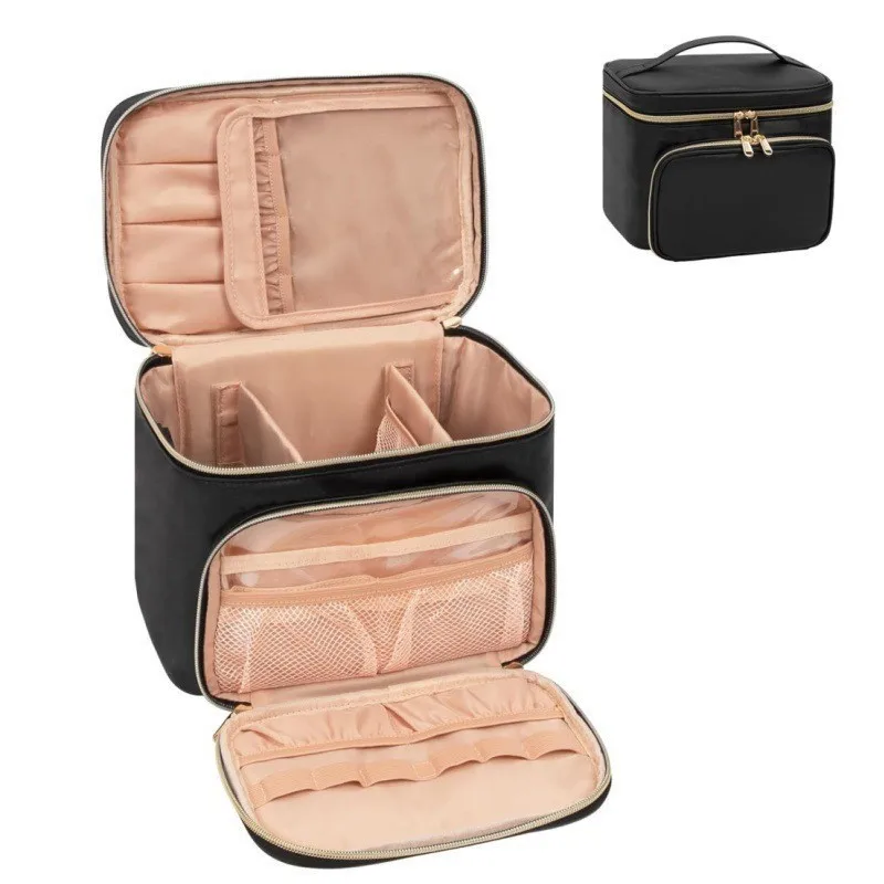 New Women's Cosmetics Storage Bag Black Waterproof PU Makeup Bags Casual Large Capacity Outdoor Travel Handbags with Partition