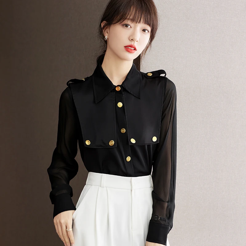 

Metal Button Spliced French Style Long Sleeve Black Shirt Women Tops Spring Autumn Office Lady Elegant Loose Casual Blouse B2194