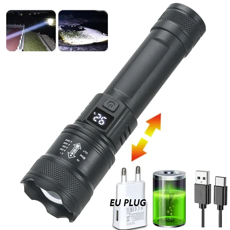Hoogwaardige led-zaklampen 300000 LM tactische zaklamp met displaylicht USB-opladen Camping Vissen Defensa Zoom-lantaarn