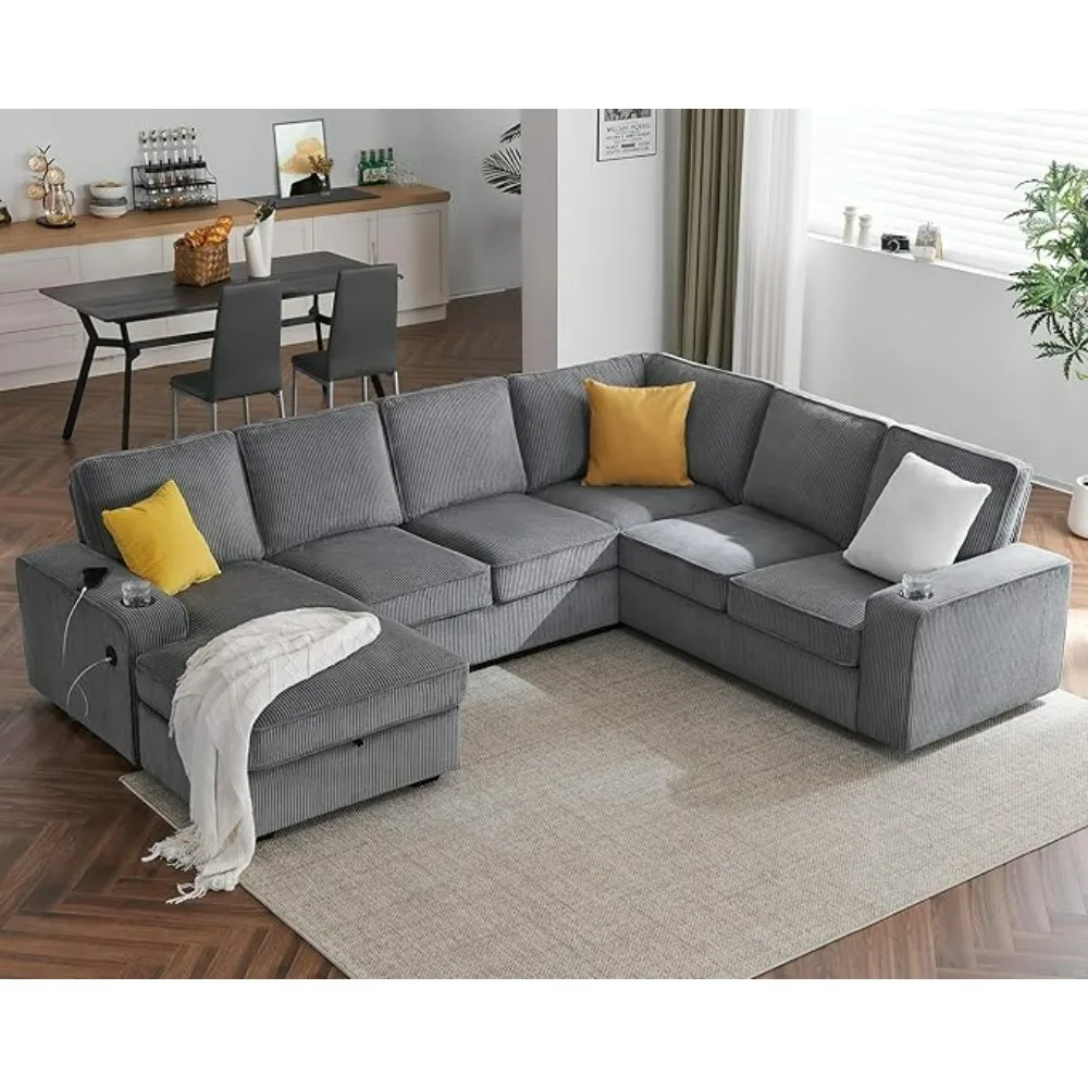 

112 inch U Shaped Sofa with USB Ports, Sectional Sofa Couch with Storage Chaise, Corduroy Grey, Living Room Oversized Sofa