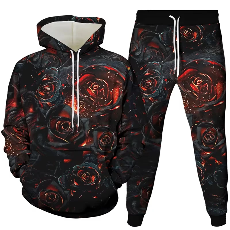 Vintage Harajuku Style Men Women Tracksuit Clothes Florial Bird Snake Rose Print Sportwear Hoodies +Jogging Pants Kids 2Pcs Sets