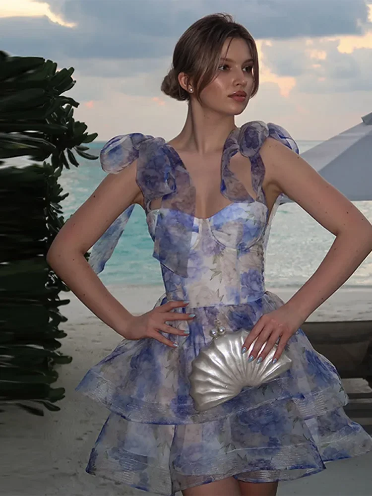 Impresso rendas até curto inchado halter vestido mulher sem costas magro plissado em camadas vestidos elegantes sexy moda feminina mini vestidos