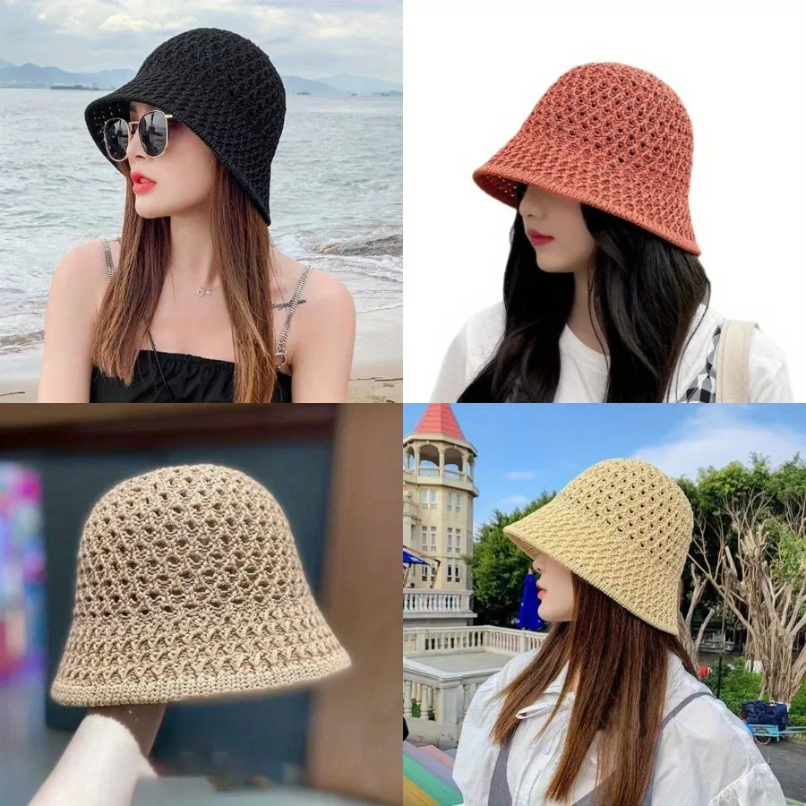 

Knitted Single Layer Solid Bucket Hat Summer Fashion Sunscreen Fisherman Hat Outdoor Cycling Hiking Travel Beach Breathable Hat