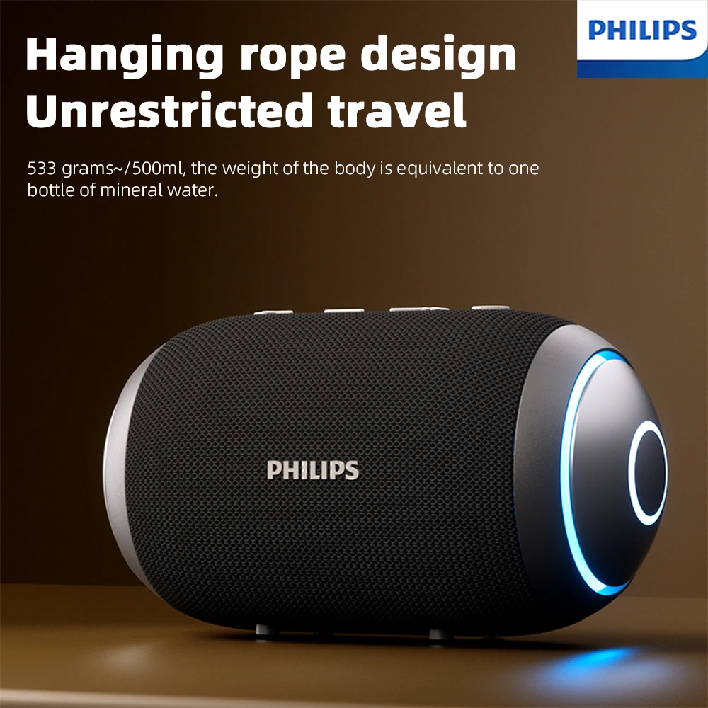 Philips TAS3209 Уличный портативный беспроводной динамик с цветным освещением, срок службы батареи 1800 мАч, чудесный звук, музыка для кемпинга