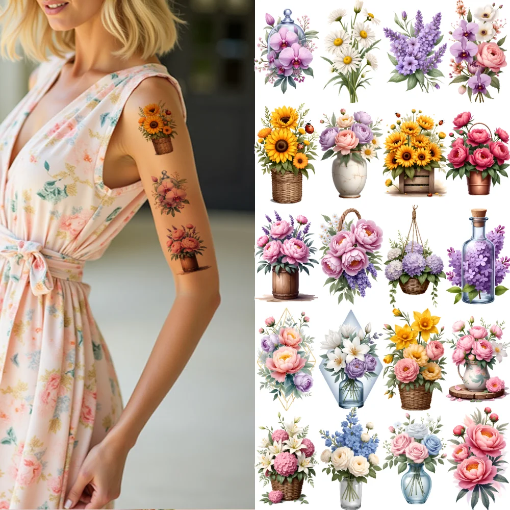 

9pcs Temporary Tattoo Floral Decals Illustration Flower Stickers Waterproof Long-lasting Body Stickers For Adults