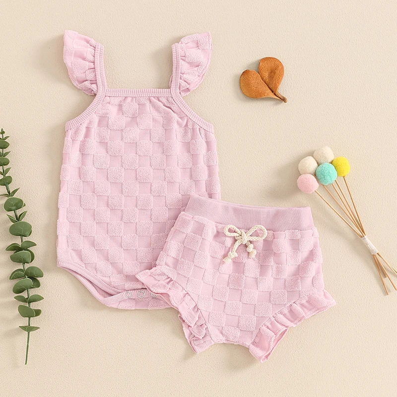 Baby Clothing Girl Summer Clothes Infant Solid Color Plaid Romper with Elastic Waist Shorts Nebworn Set