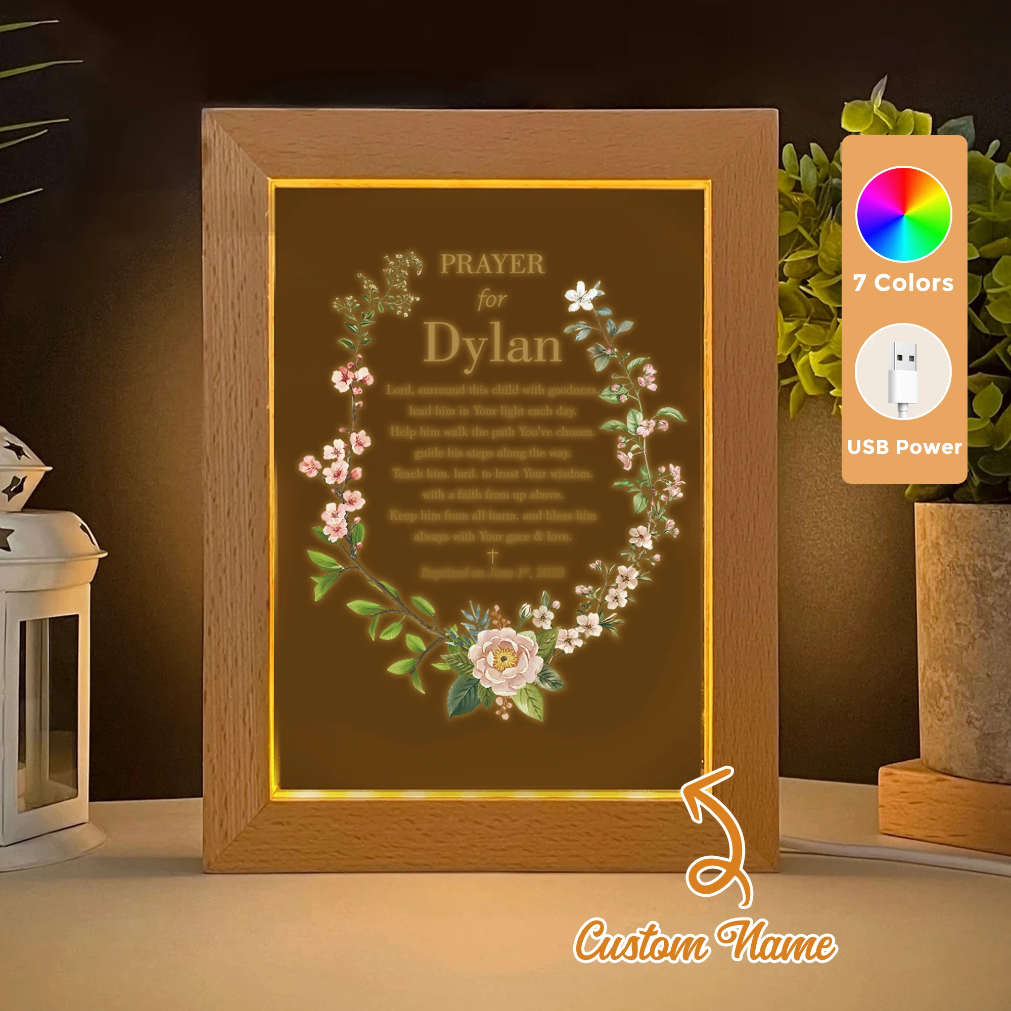 

2D Flat Custom Name Christian Bible Baptism LED Acrylic Night Light Wood Photo Frame 21x17cm Family Bedroom Gifts Home Decor
