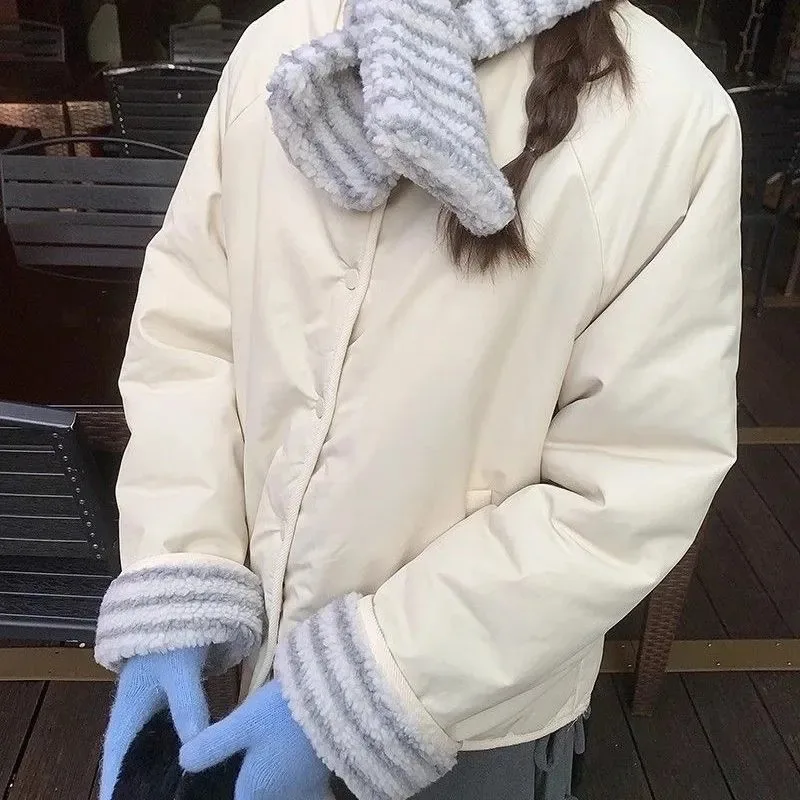 Korean Style Women Reversible Cotton Jacket Winter Short Loose Round Neck Coat With Matching Scarf